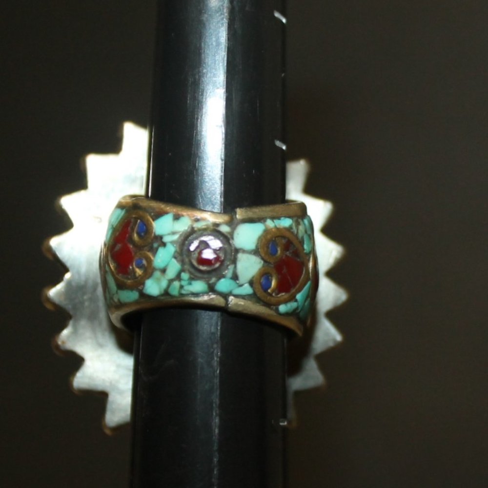 Heavy 925 Zuni Navajo Spiny Oyster Coral Turquoise Cinnabar Native American Ring - Picture 11 of 12